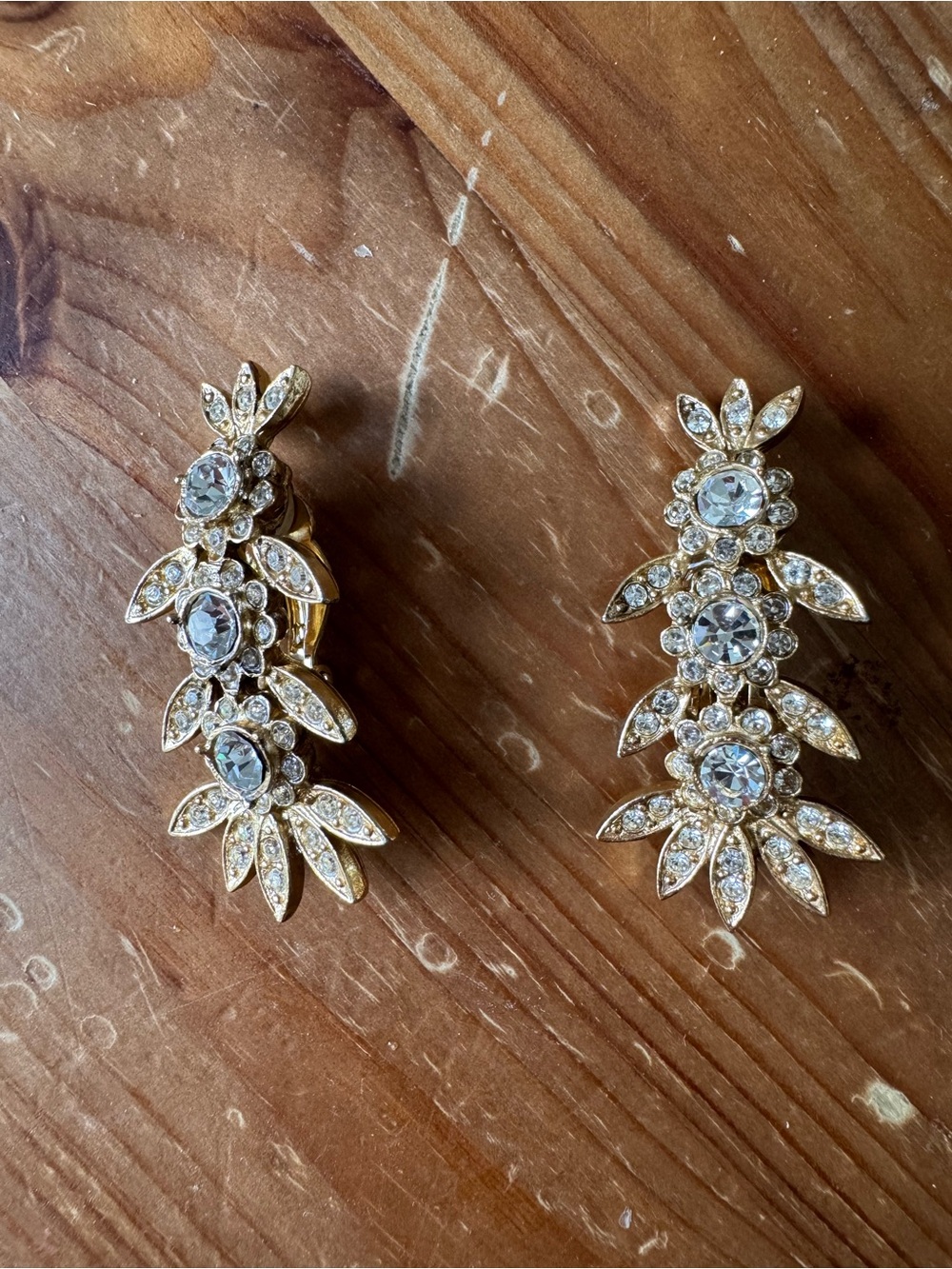 VTG Kirks Folly Signed Gold Clear Rhinestone Flower Cascade Clip On Earrings